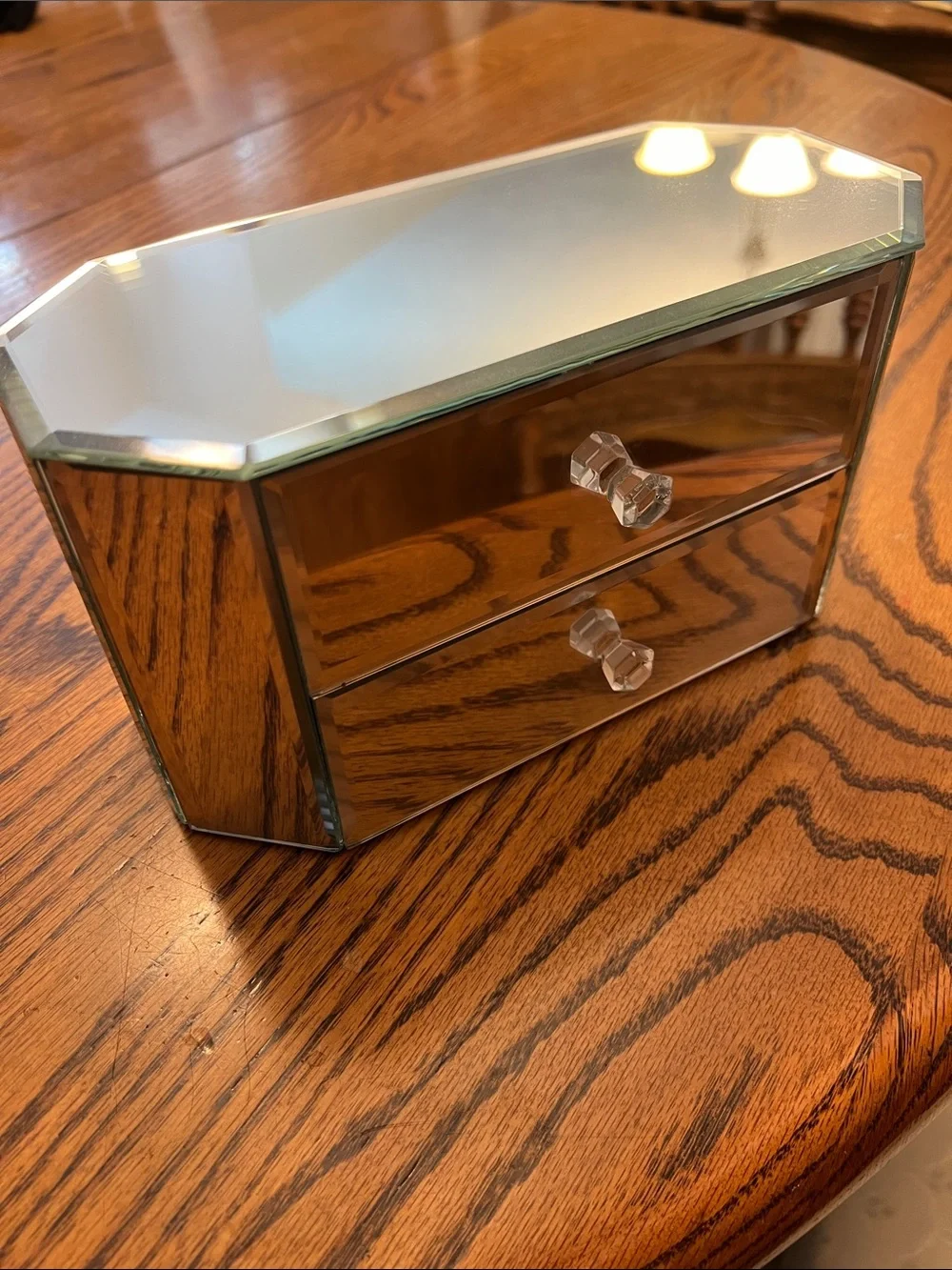 Allure All Mirrored Glass Two-Drawer Jewelry Box Beveled Curved Elongated Oval